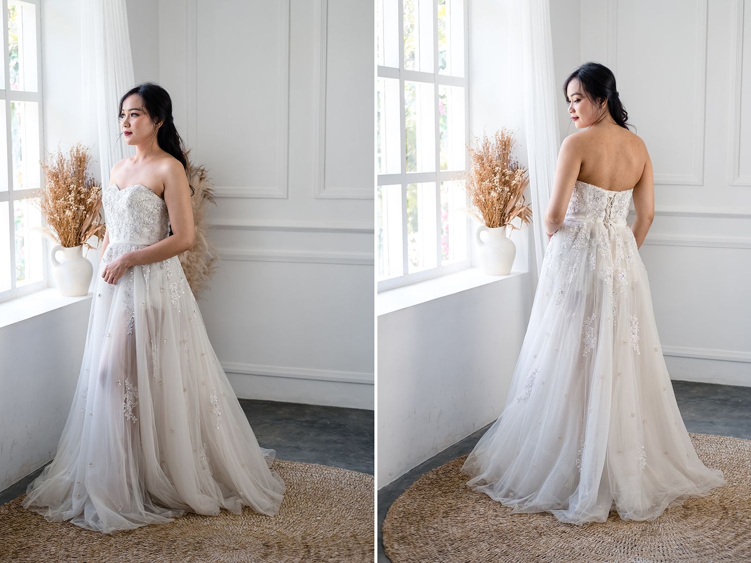 Elegant strapless lace wedding gown with tulle skirt shown from front and back views near a bright window.