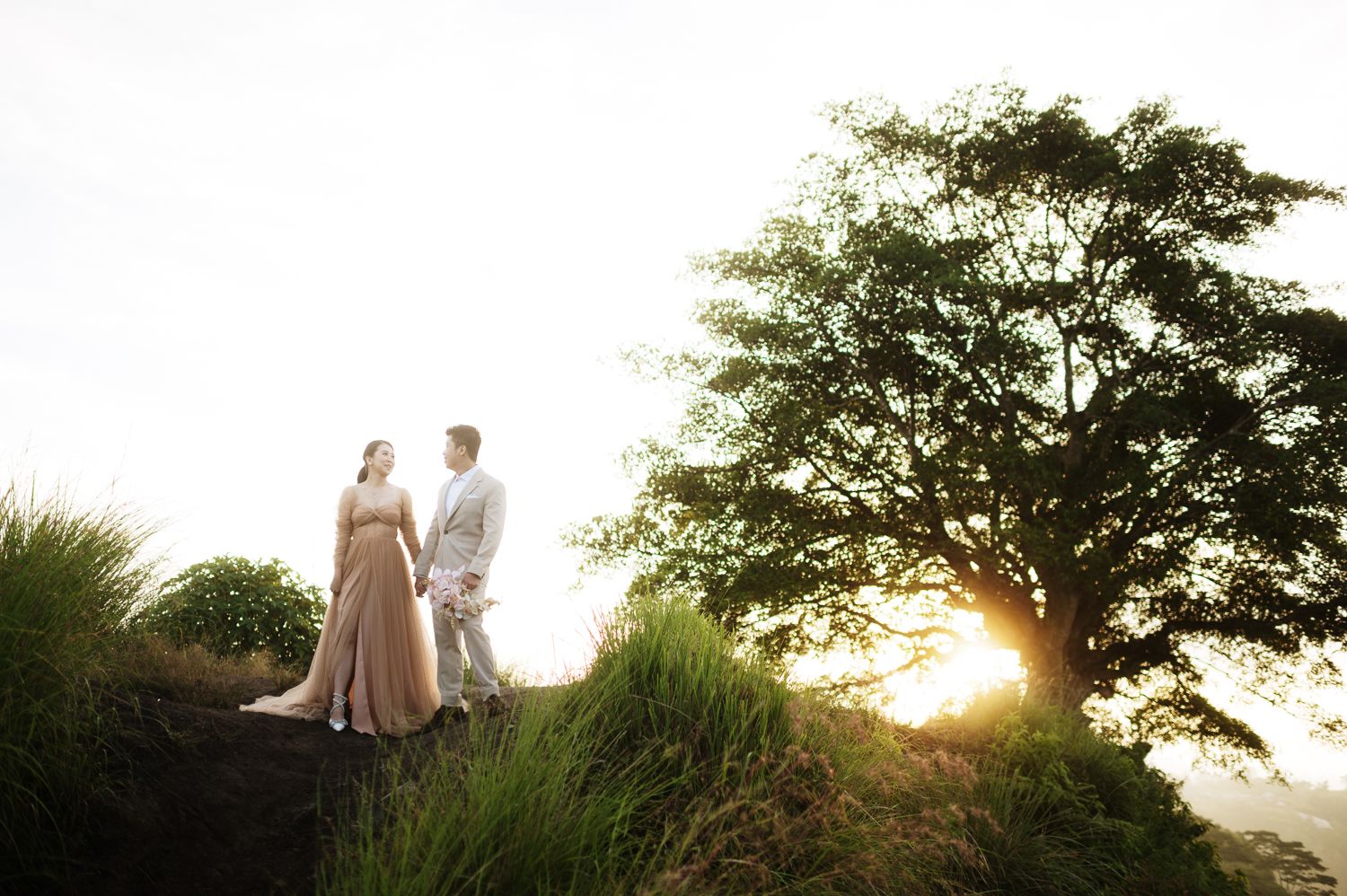 Couple in wedding attire standing on a hilltop at sunset beside a large tree with golden light glowing behind them.