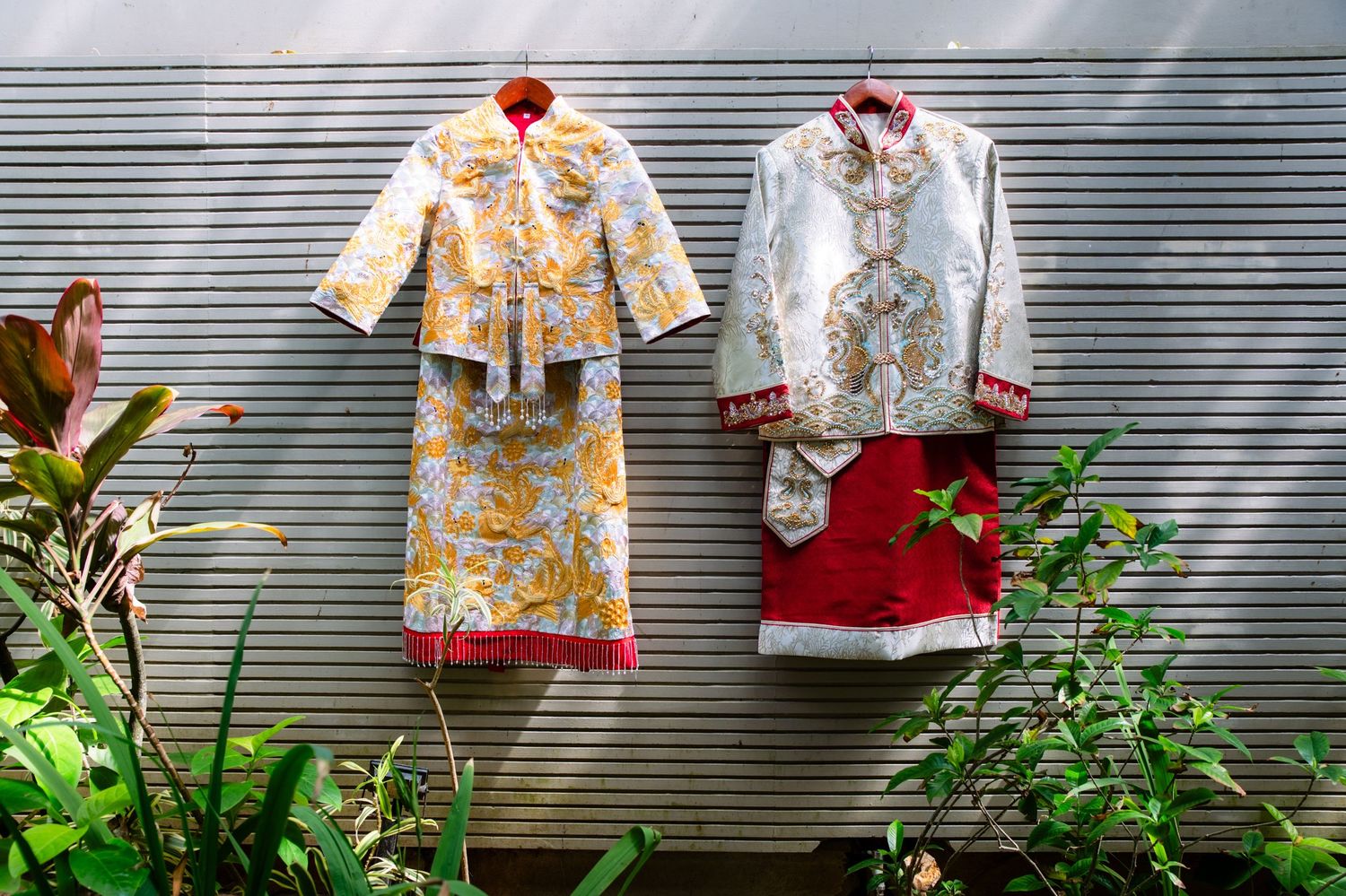 Two embroidered traditional Chinese wedding garments in gold and red hang on a gray wall beside lush green tropical plants.