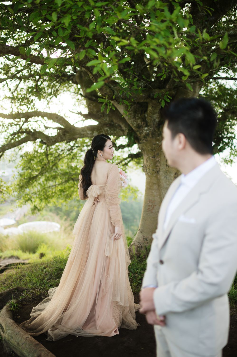 Couple in romantic pre-wedding shoot under a tree, bride in blush tulle gown, groom in white suit.