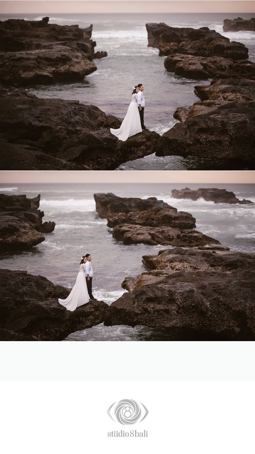 Bride and groom in wedding attire pose on rocky coastal cliffs with ocean waves, captured by Studio 8 Bali.