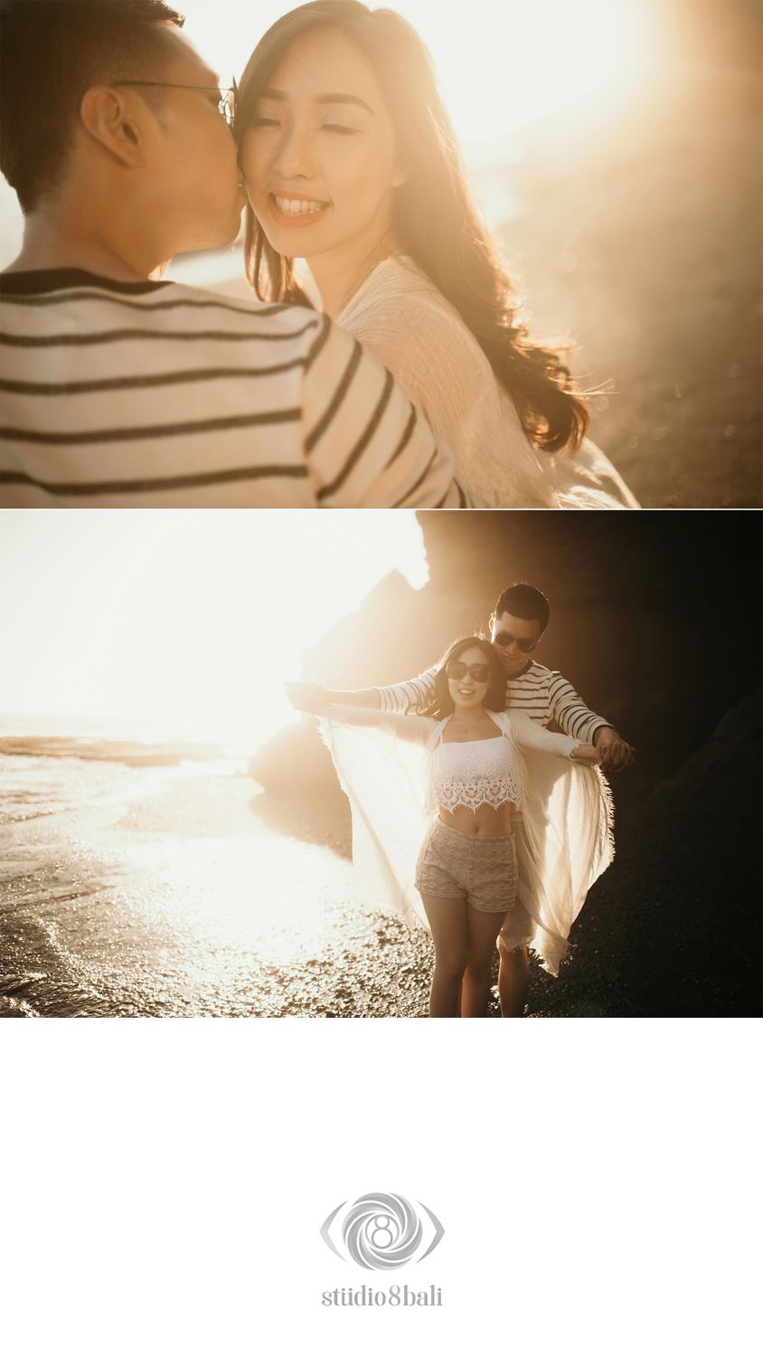Romantic couple embracing at golden hour sunset on Bali beach, warm backlit photography by Studio 8 Bali.
