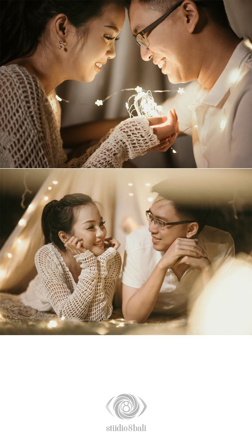 Romantic couple sharing a tender moment with fairy lights, woman in crochet sweater, warm golden bokeh background.