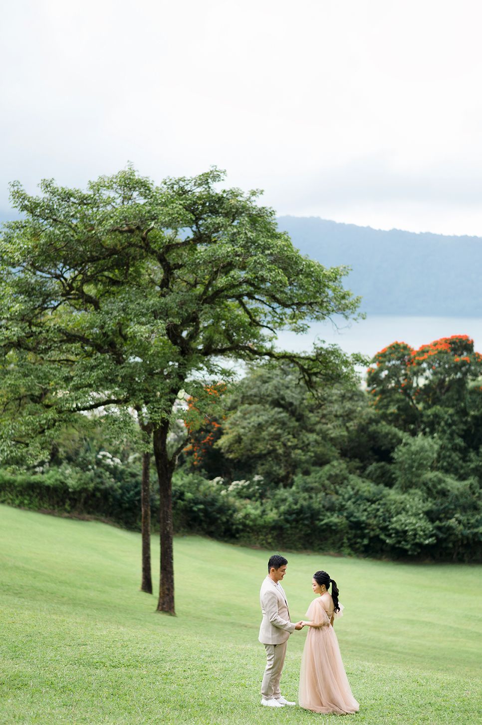 Couple holds hands on lush green lawn with trees and mountain lake backdrop in romantic outdoor pre-wedding shoot.