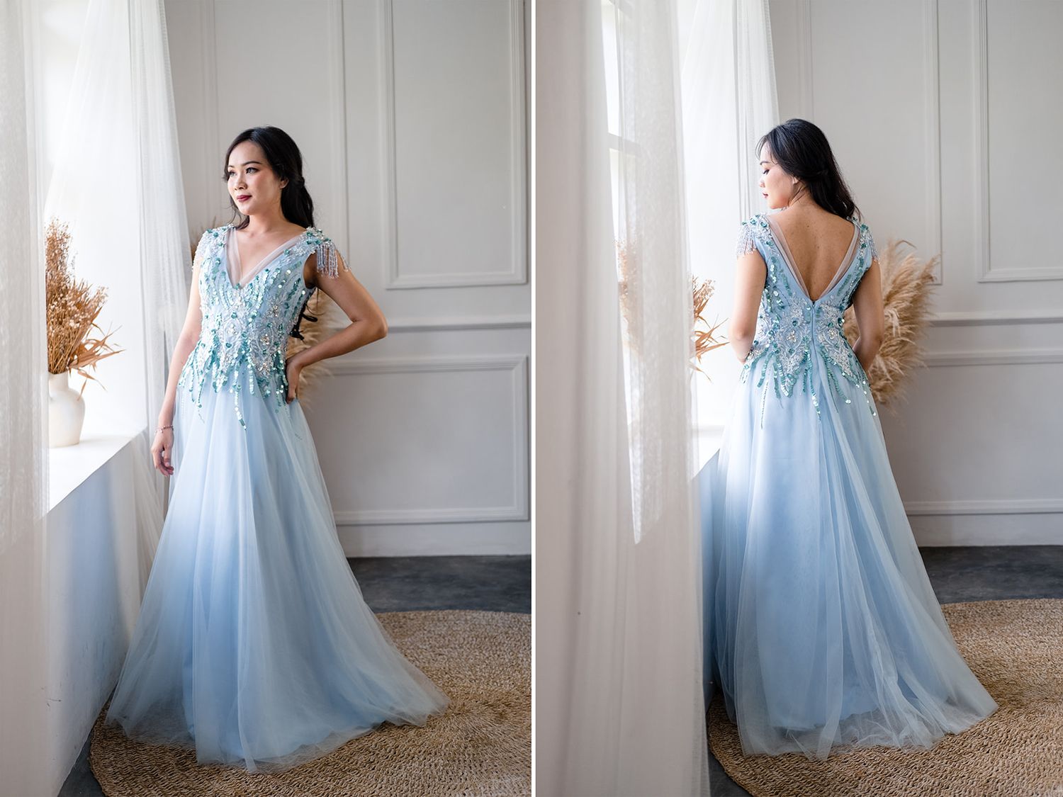 Elegant light blue tulle A-line gown with floral lace bodice, shown front and back on a brunette model.
