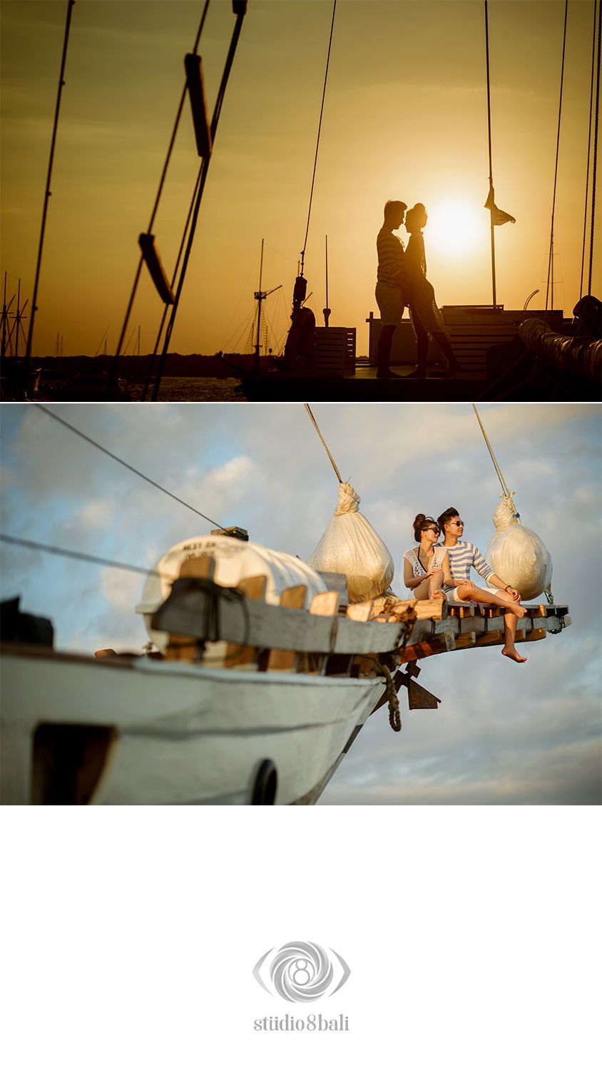 Romantic couple silhouetted at sunset on a sailboat dock, with a second shot of two people sitting on a ship's bowsprit.