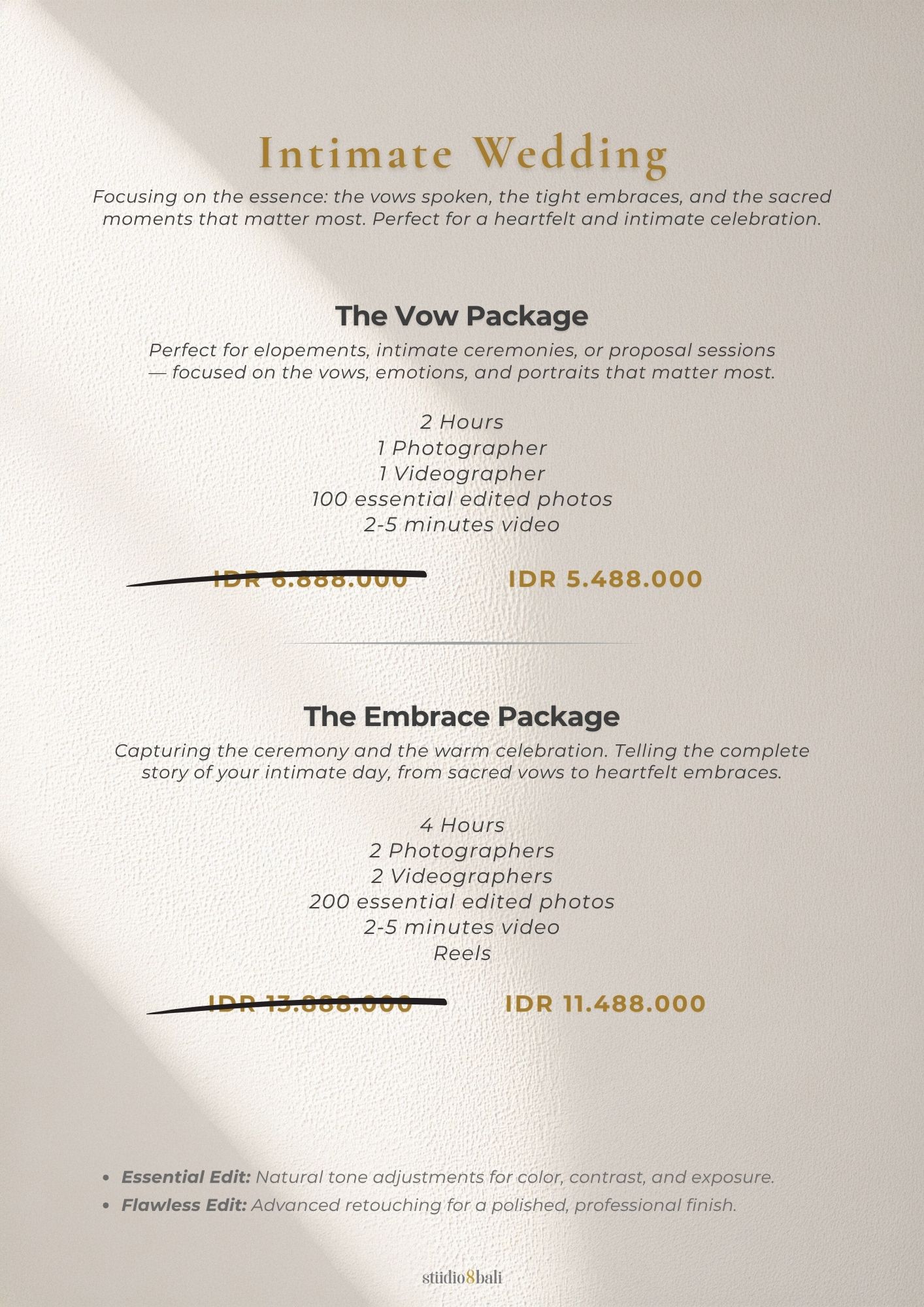Intimate wedding photography packages flyer showing Vow and Embrace Package pricing in IDR with details on hours and deliverables.