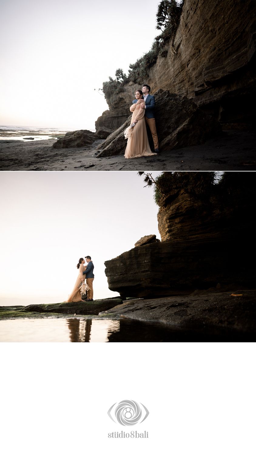 Couple posing romantically against coastal cliffs at sunset during a Bali beach engagement photo session by Studio8Bali.
