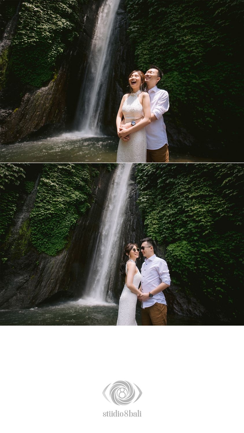 Couple laughing and embracing in front of a lush green waterfall in Bali, captured by Studio 8 Bali.