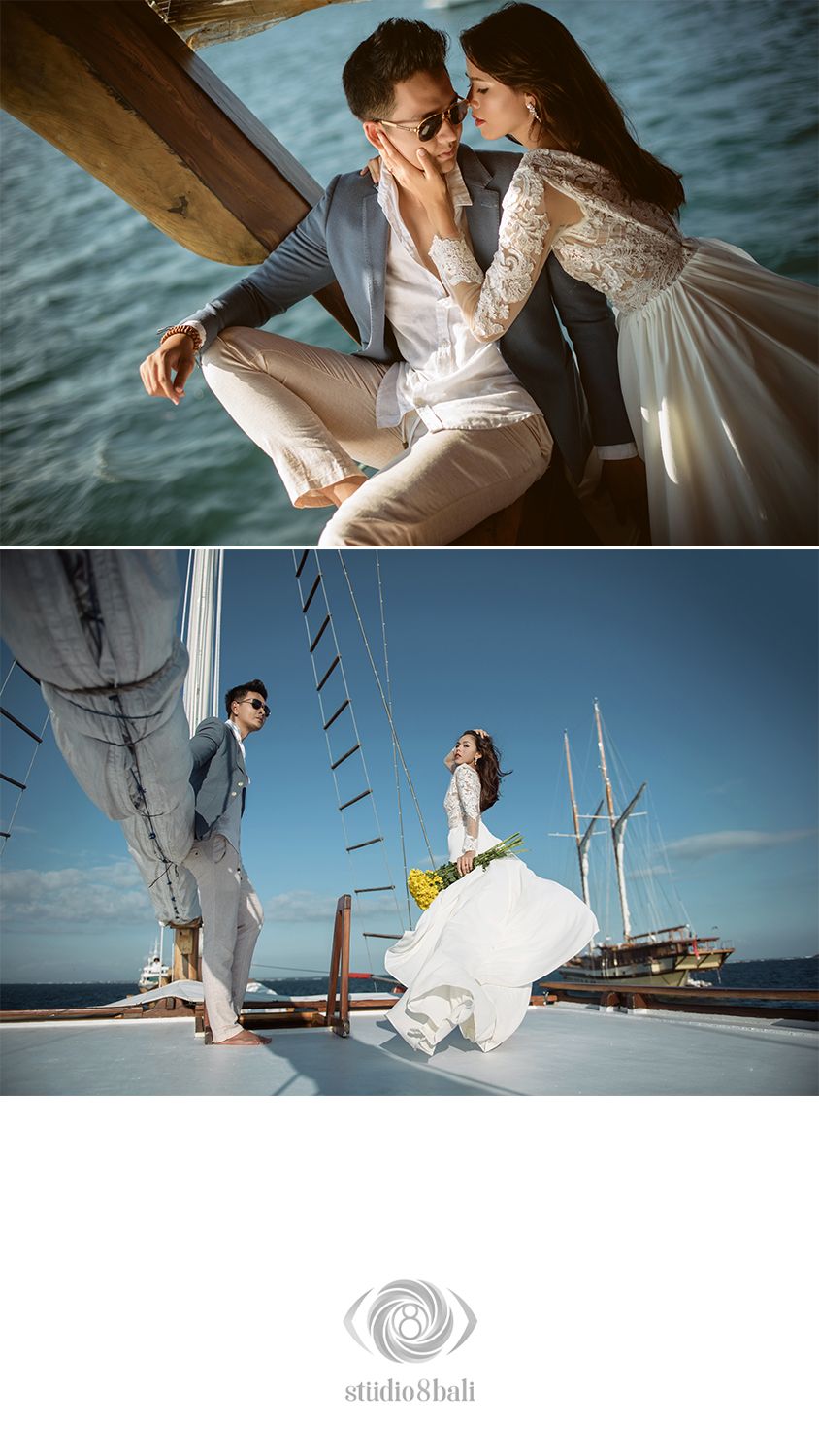 Romantic couple in wedding attire posing on a sailboat deck with blue sky, captured by Studio 8 Bali.