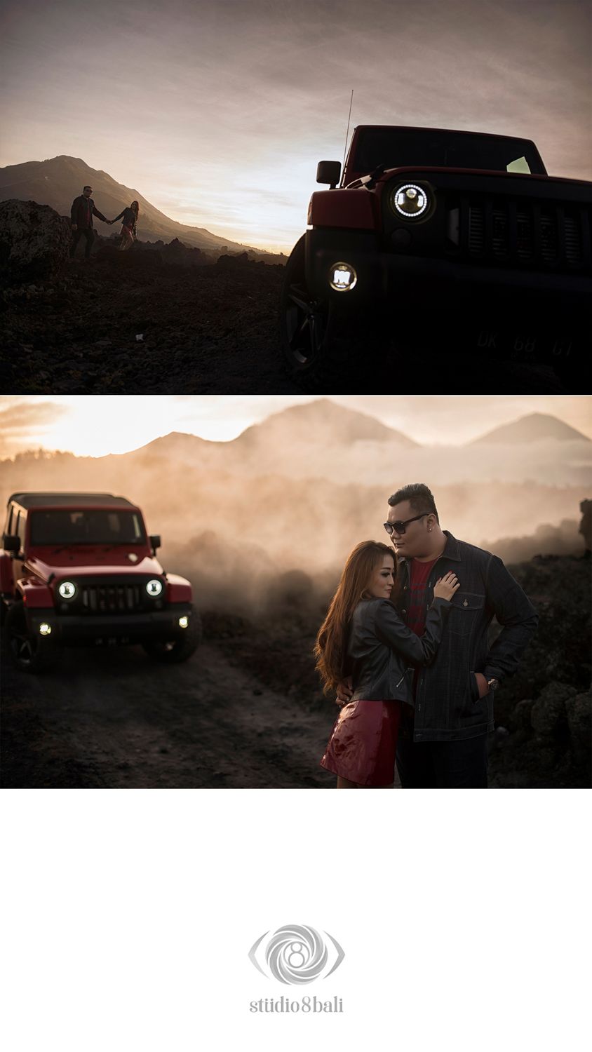 Couple embracing at sunset near a red Jeep Wrangler with misty mountains in the background during a romantic photoshoot.