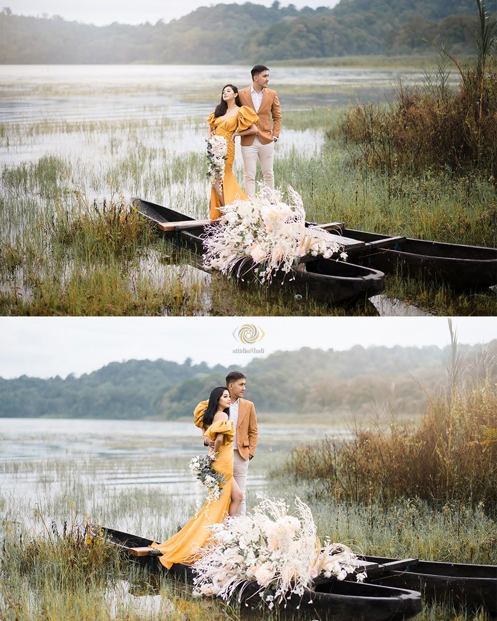 Couple in yellow and tan outfits standing on a flower-adorned boat on a serene lake surrounded by lush greenery.