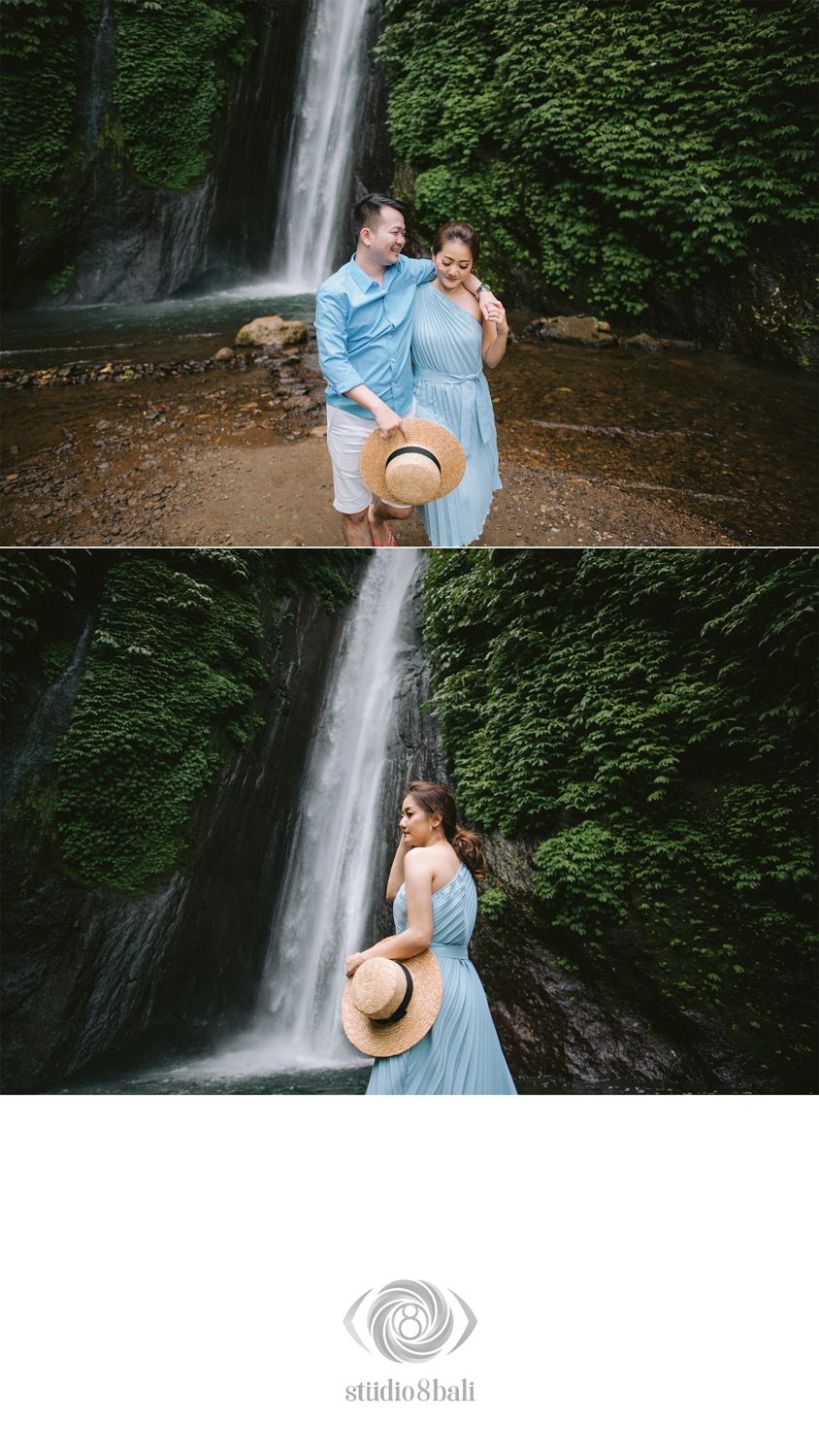 Couple in matching blue outfits laughing together in front of a lush tropical waterfall in Bali.