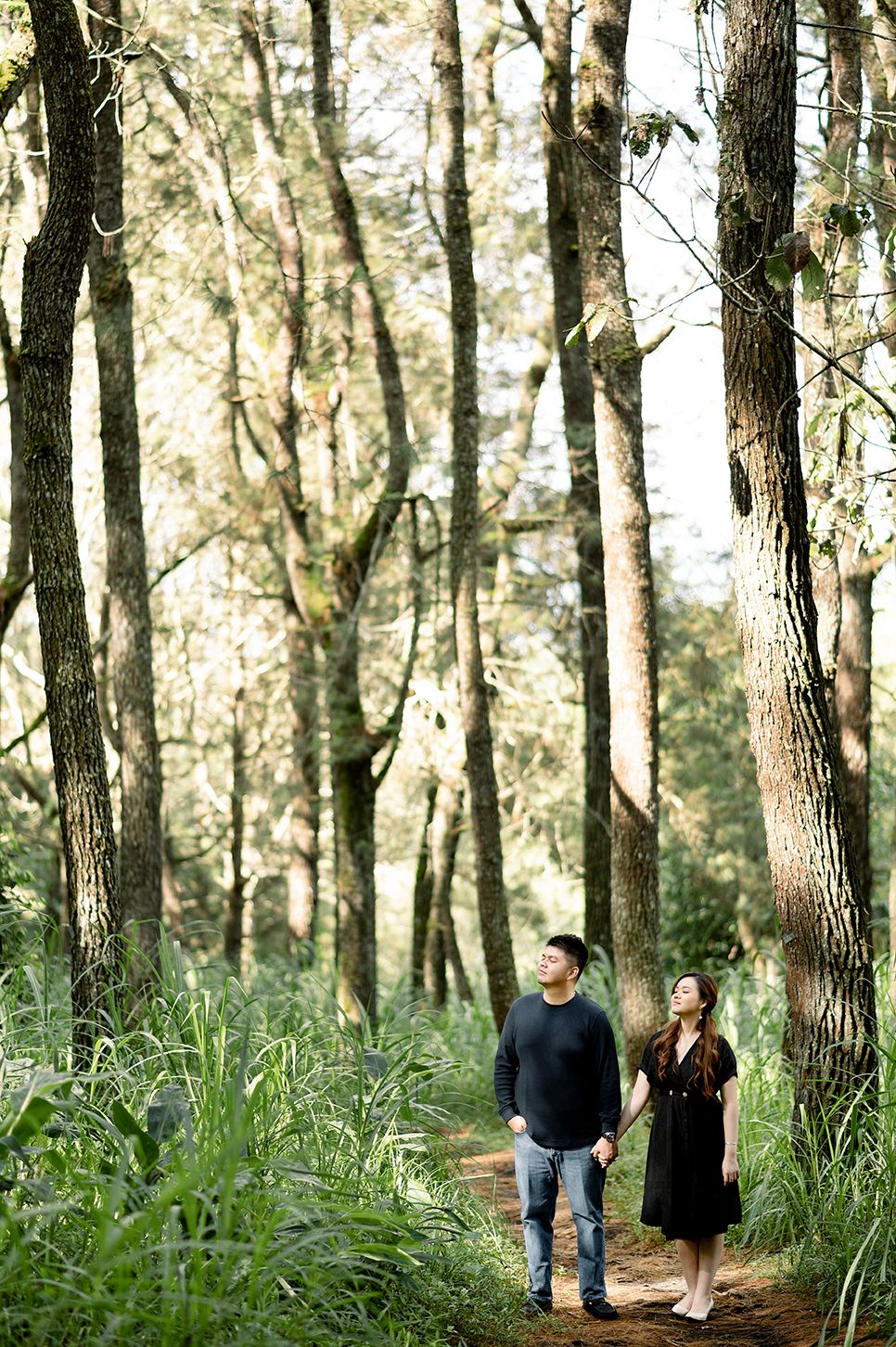Couple holding hands walking on a forest path surrounded by tall trees and lush greenery in natural light.