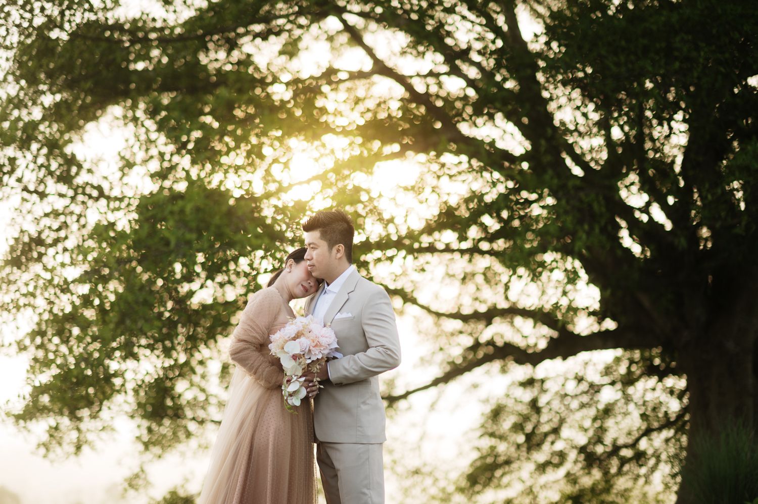 A couple shares a romantic kiss under a sunlit tree, bride in pink gown holding flowers, groom in gray suit.