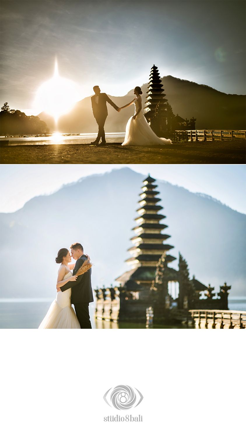 Couple poses at sunset by Balinese temple with mountain backdrop in stunning Bali wedding photography by Studio 8 Bali.