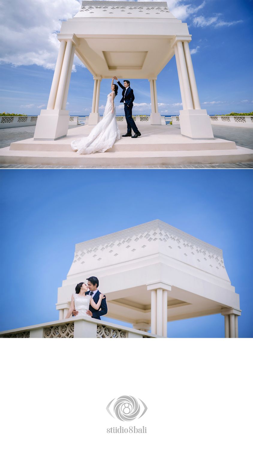 Bride and groom pose under white pavilion with ocean view in elegant Bali wedding photography by Studio 8 Bali.