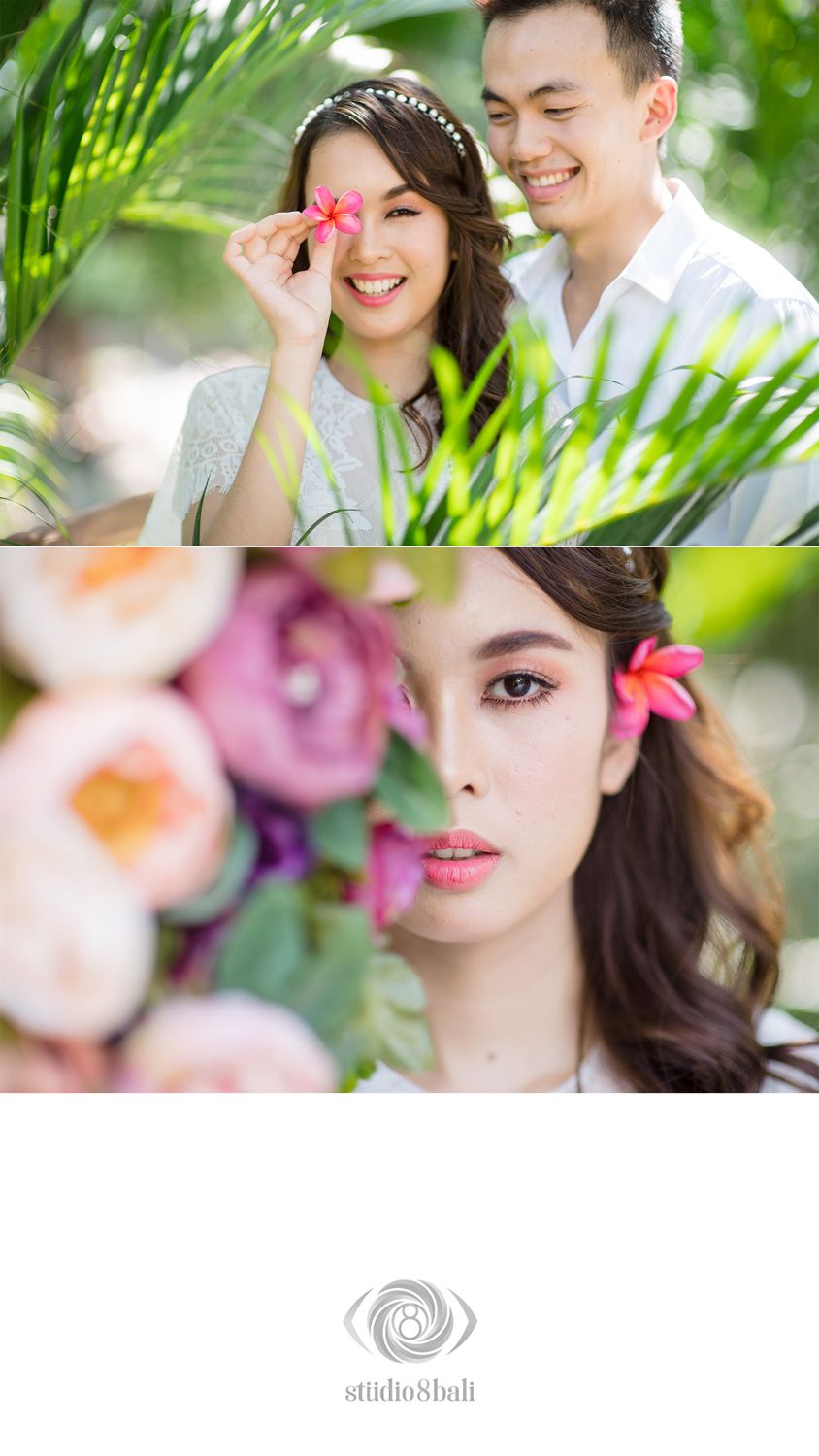 Smiling couple posing outdoors with tropical greenery, bride holding pink flower, close-up of bride with floral hair accessory.