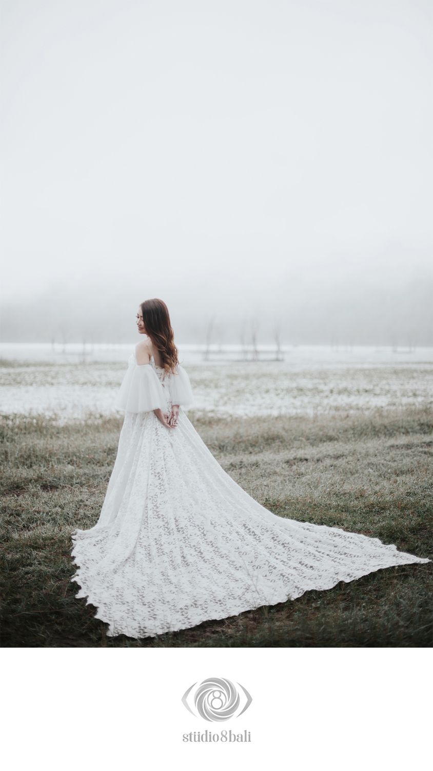 Bride in elegant lace wedding gown with long train standing in foggy outdoor field landscape.
