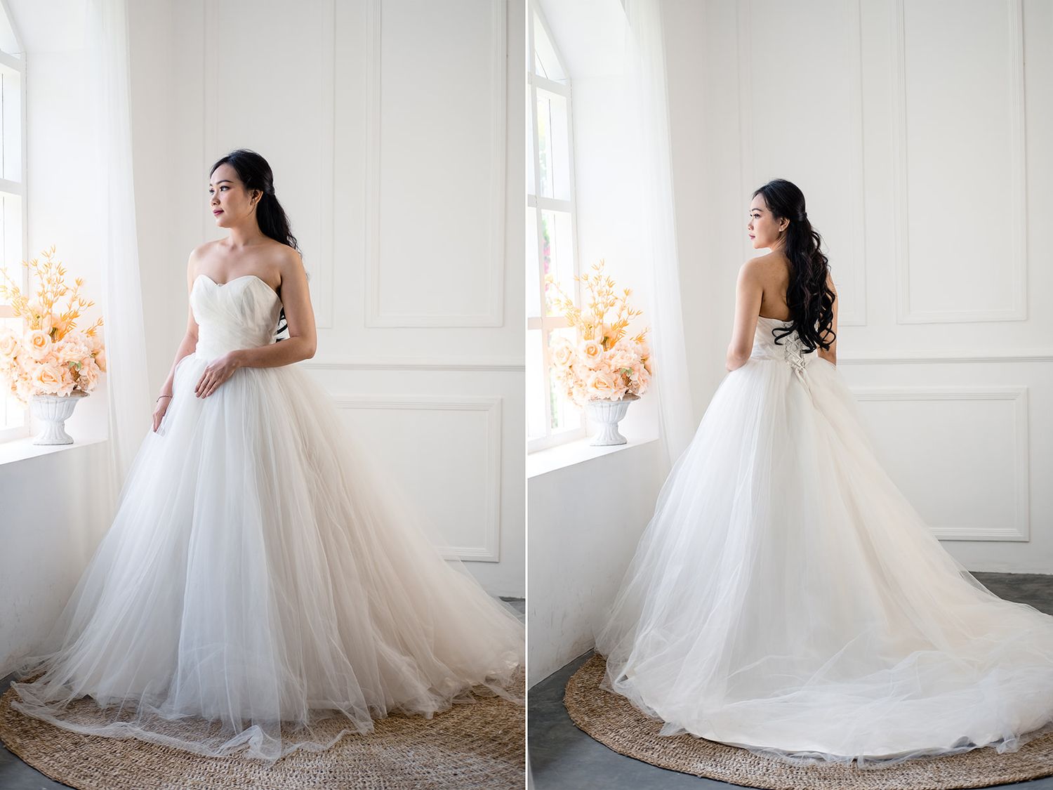 Elegant bride in a strapless tulle ballgown wedding dress, shown from front and back views near a bright window.