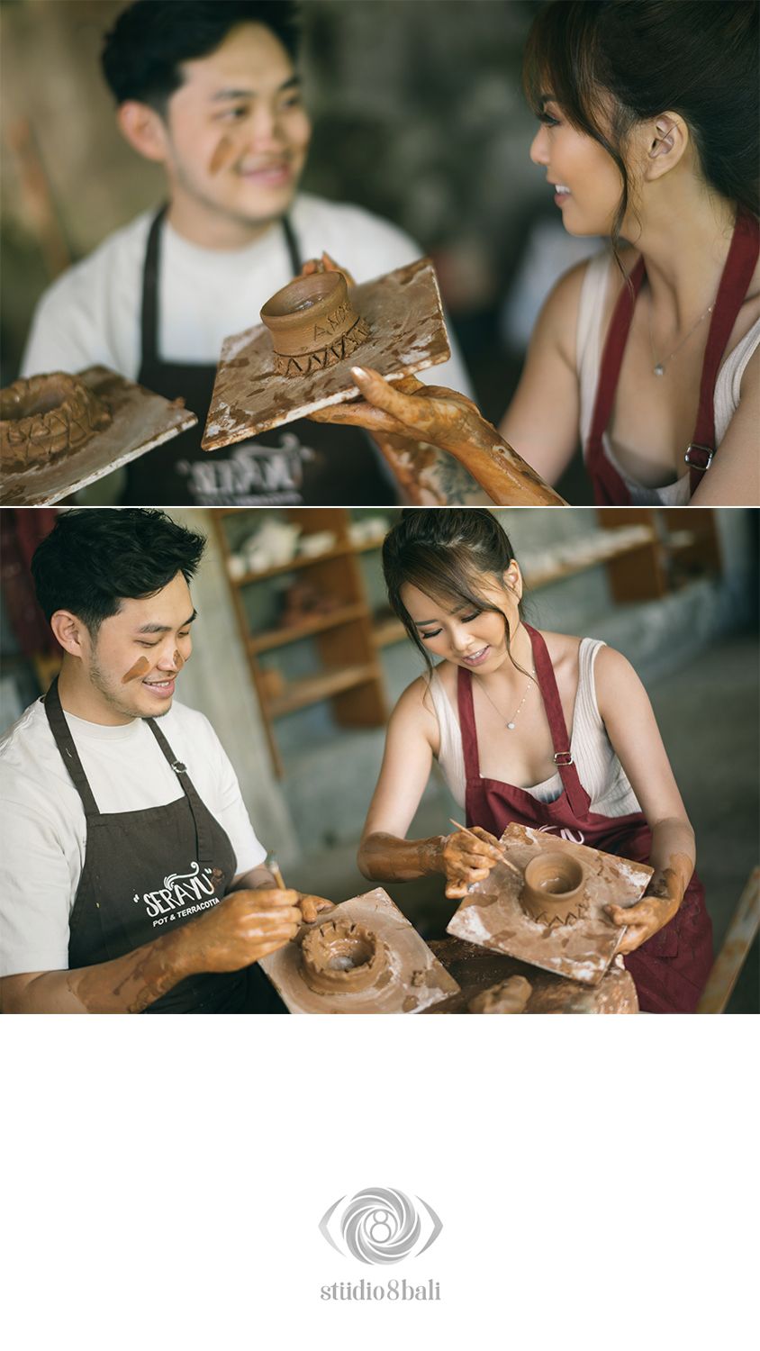 Couple smiling while making clay pottery together in a ceramics studio, wearing aprons and covered in mud.
