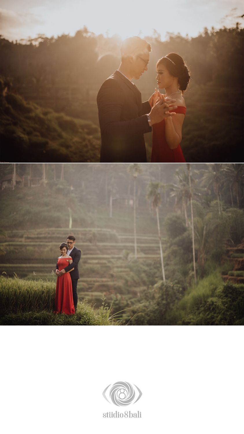 Couple in red dress and black suit pose romantically at golden hour among lush Bali rice terraces.