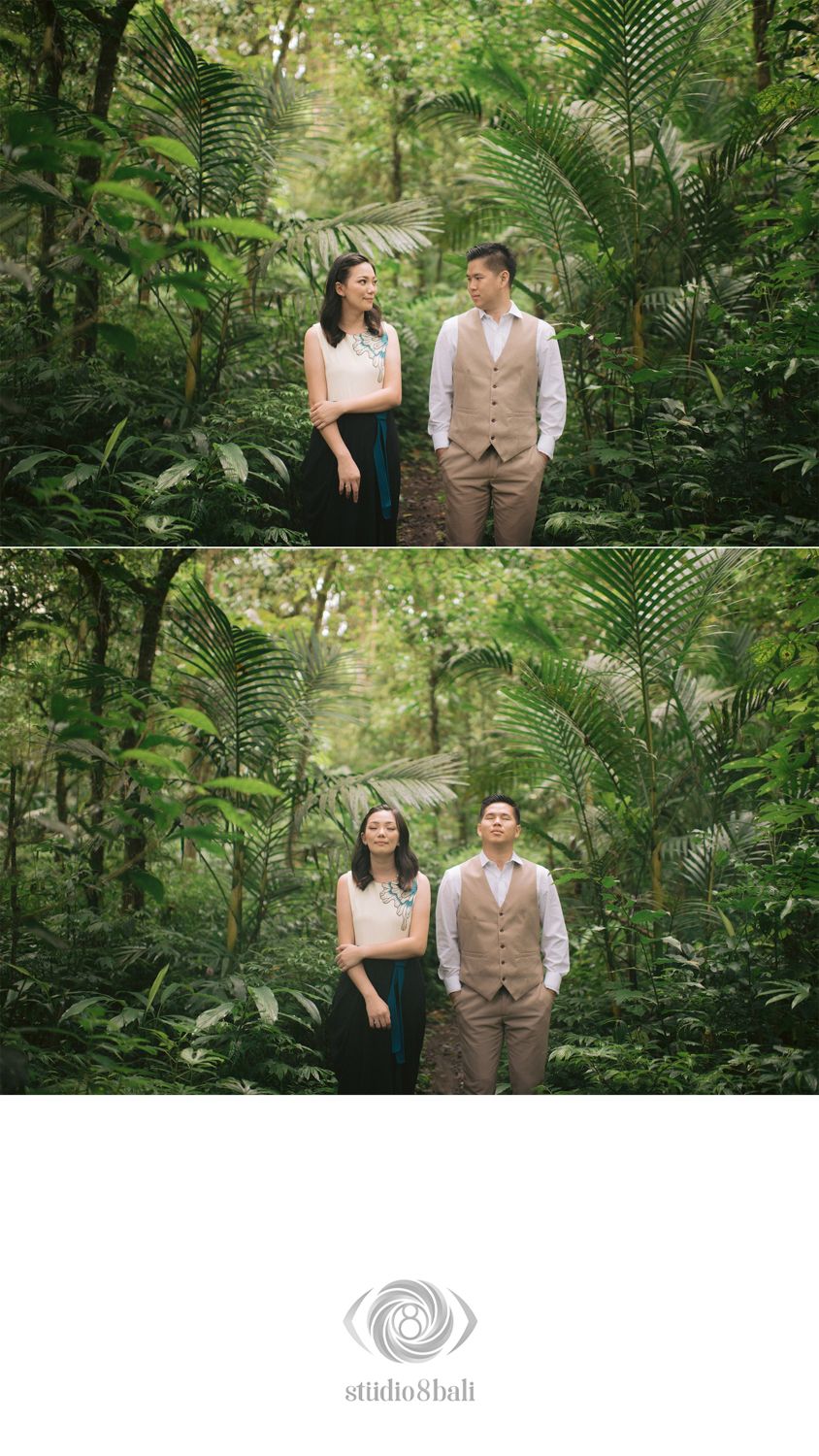 Couple posing together surrounded by tropical ferns and greenery in a forest setting.