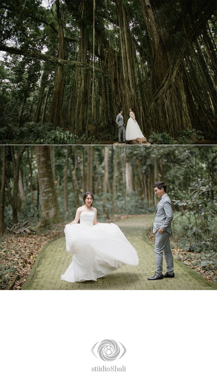 Couple poses for wedding photos in a lush forest, bride in flowing white gown, groom in gray suit, by Studio 8 Bali.