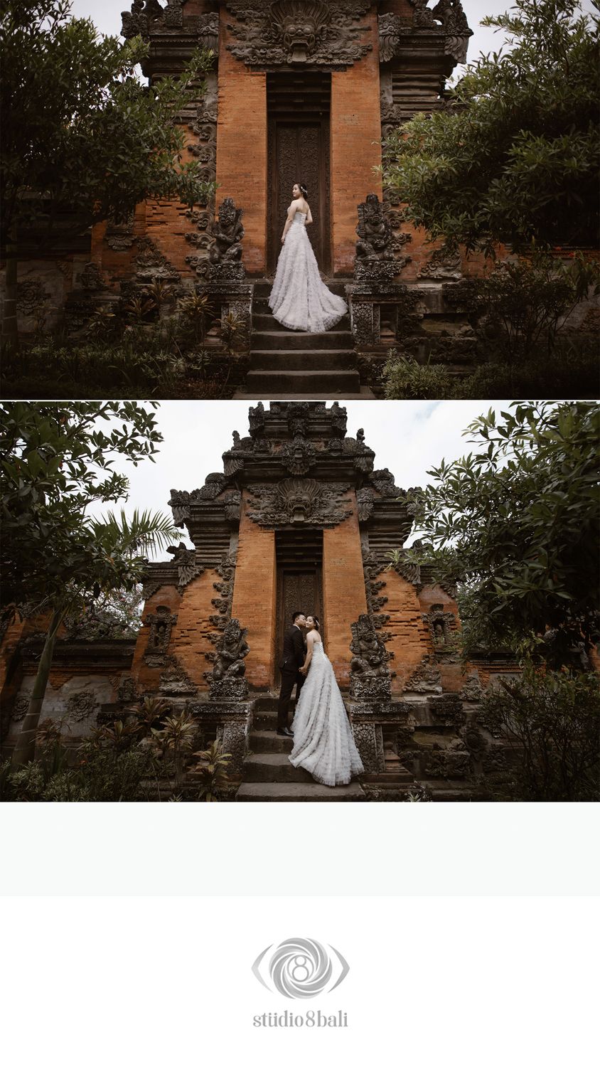 Bride and groom posing at a traditional Balinese temple gate in Bali, captured by Studio 8 Bali photographers.