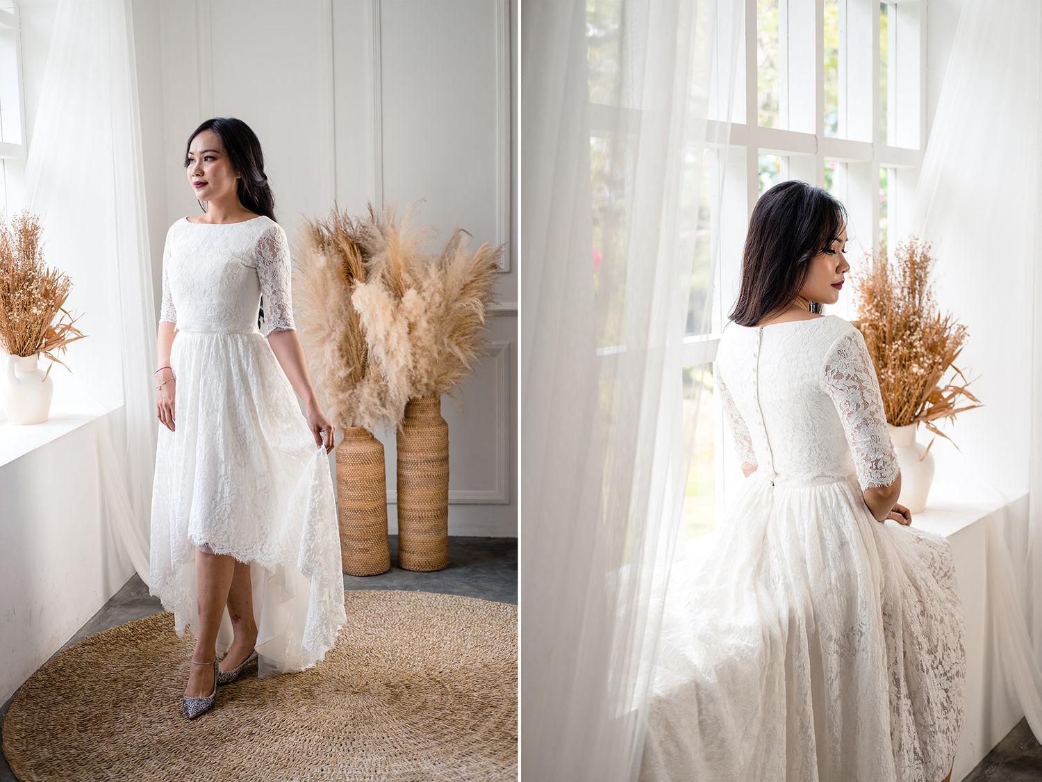 Woman in white lace midi wedding dress with 3/4 sleeves posing in bright room with pampas grass decor.