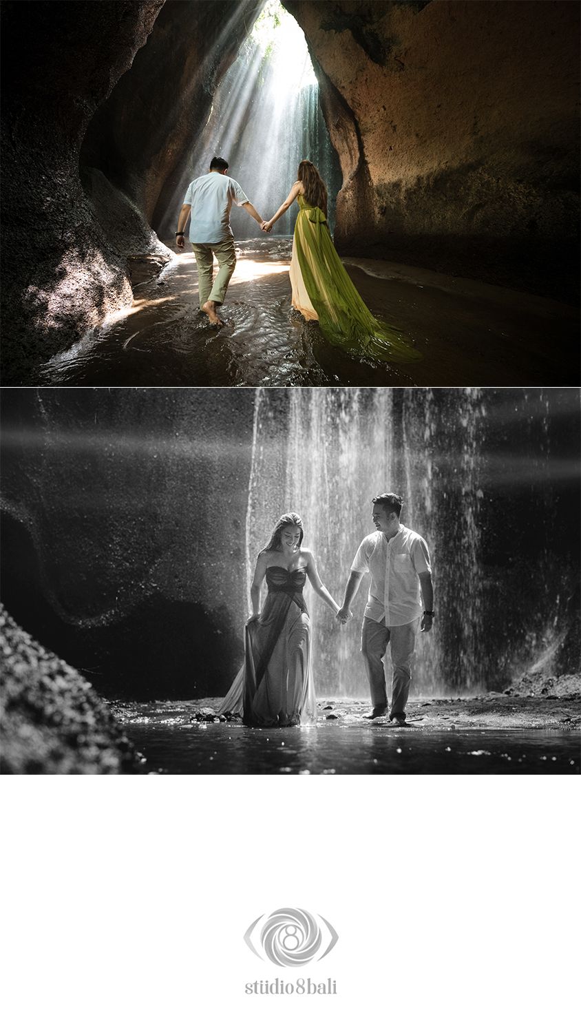 Couple holding hands in a cave with light rays above, and a black-and-white waterfall photo by Studio 8 Bali.