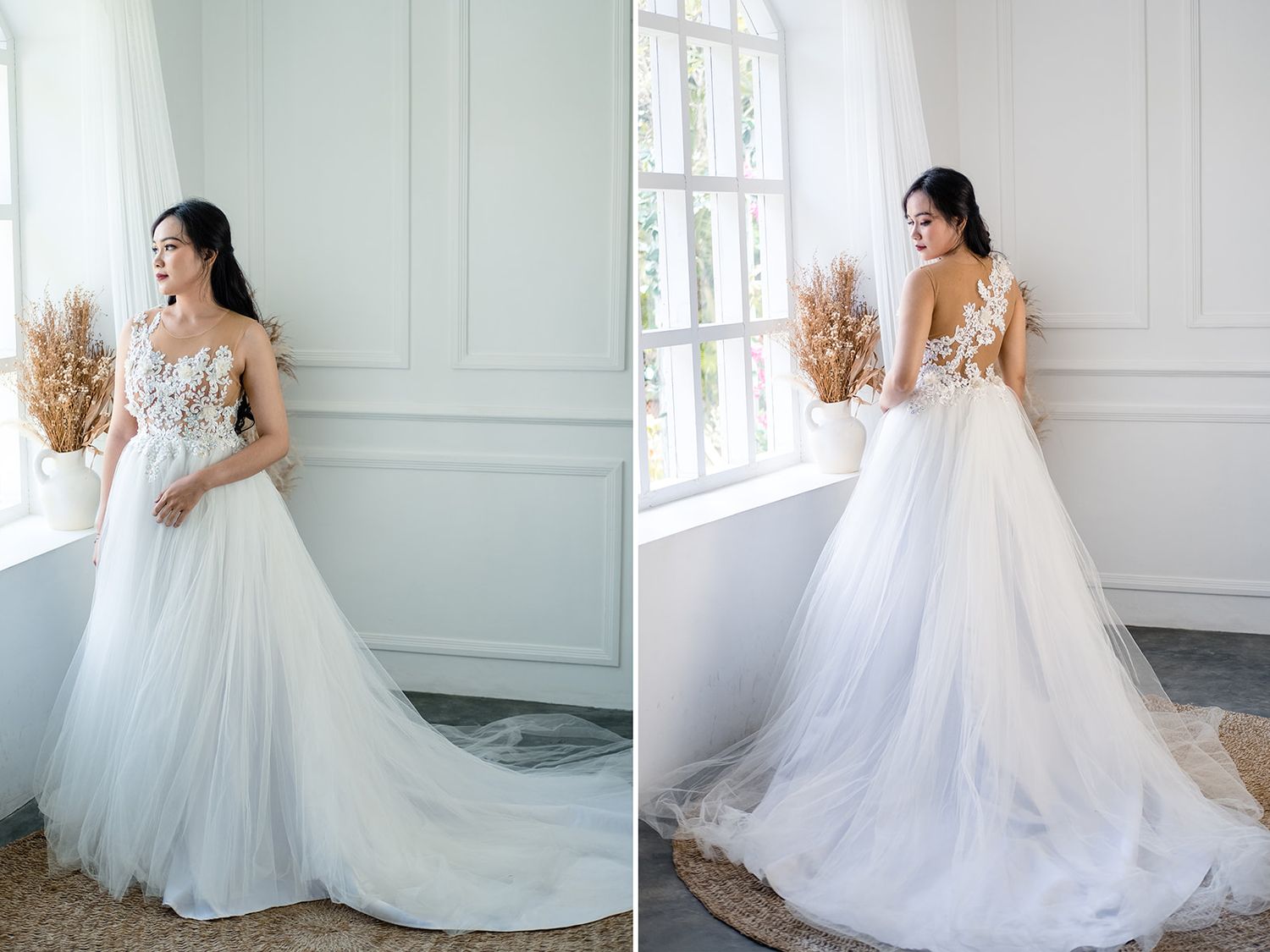 Elegant bride in a white floral lace tulle ball gown wedding dress, shown from front and back near a window.