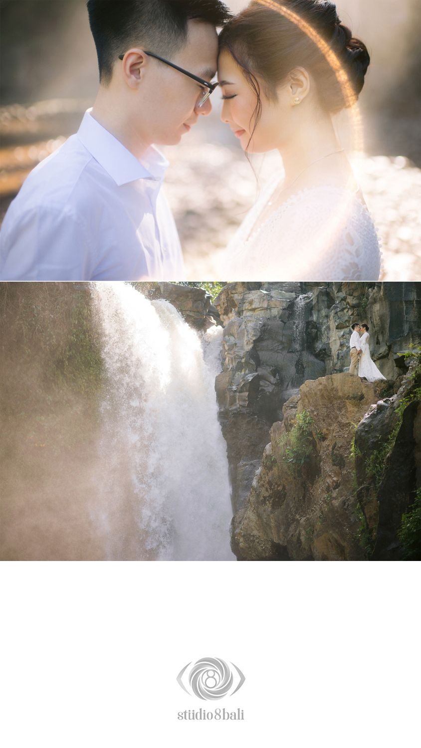 Romantic couple portrait and waterfall wedding photo collage by Studio 8 Bali photographers.