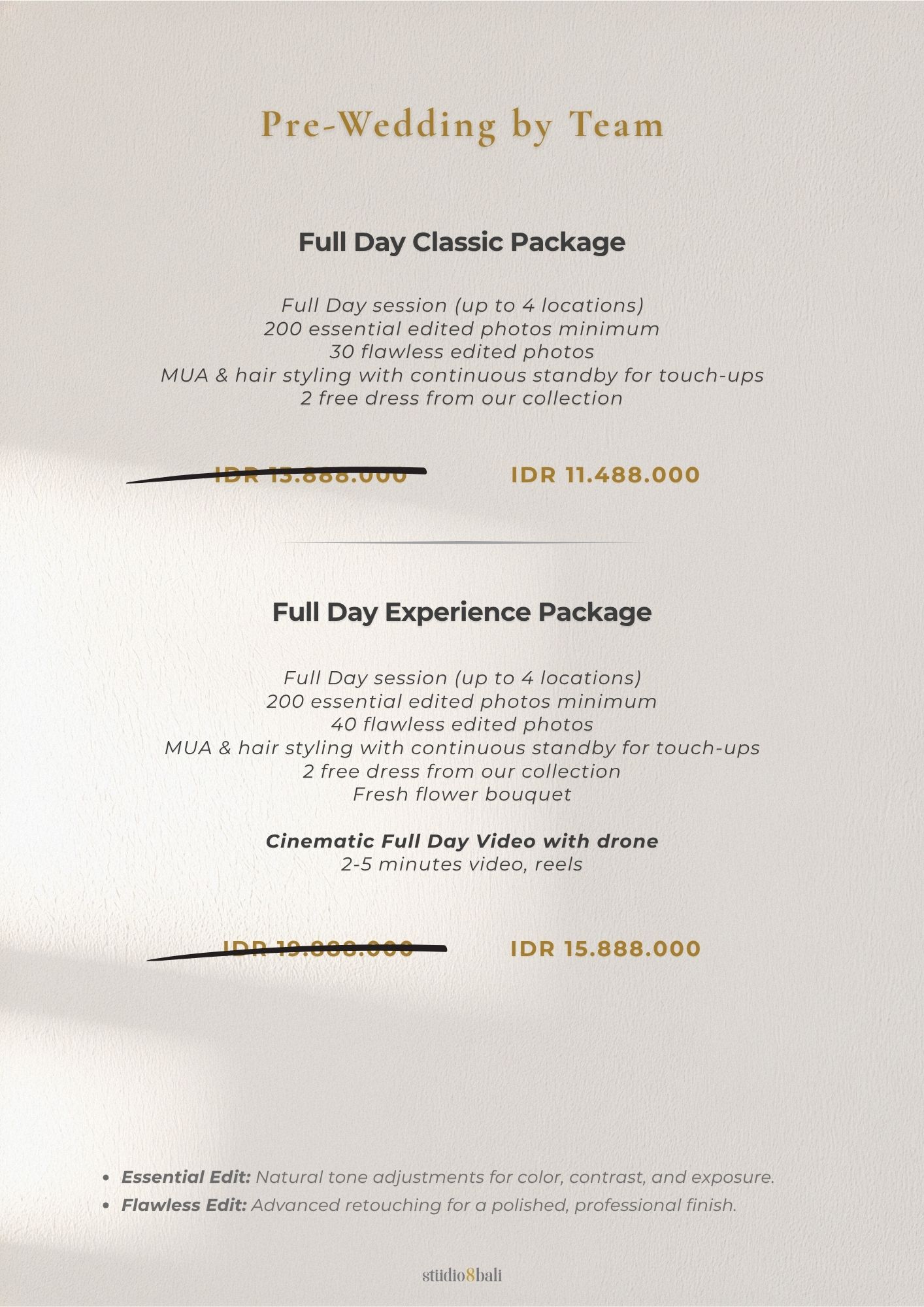 Pre-wedding photography packages menu showing Full Day Classic at IDR 11.488.000 and Full Day Experience at IDR 15.888.000.