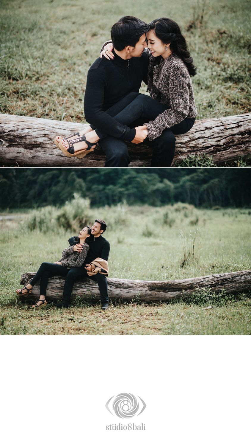 Couple sharing a romantic moment on a fallen log in a green meadow, captured by Studio 8 Bali.