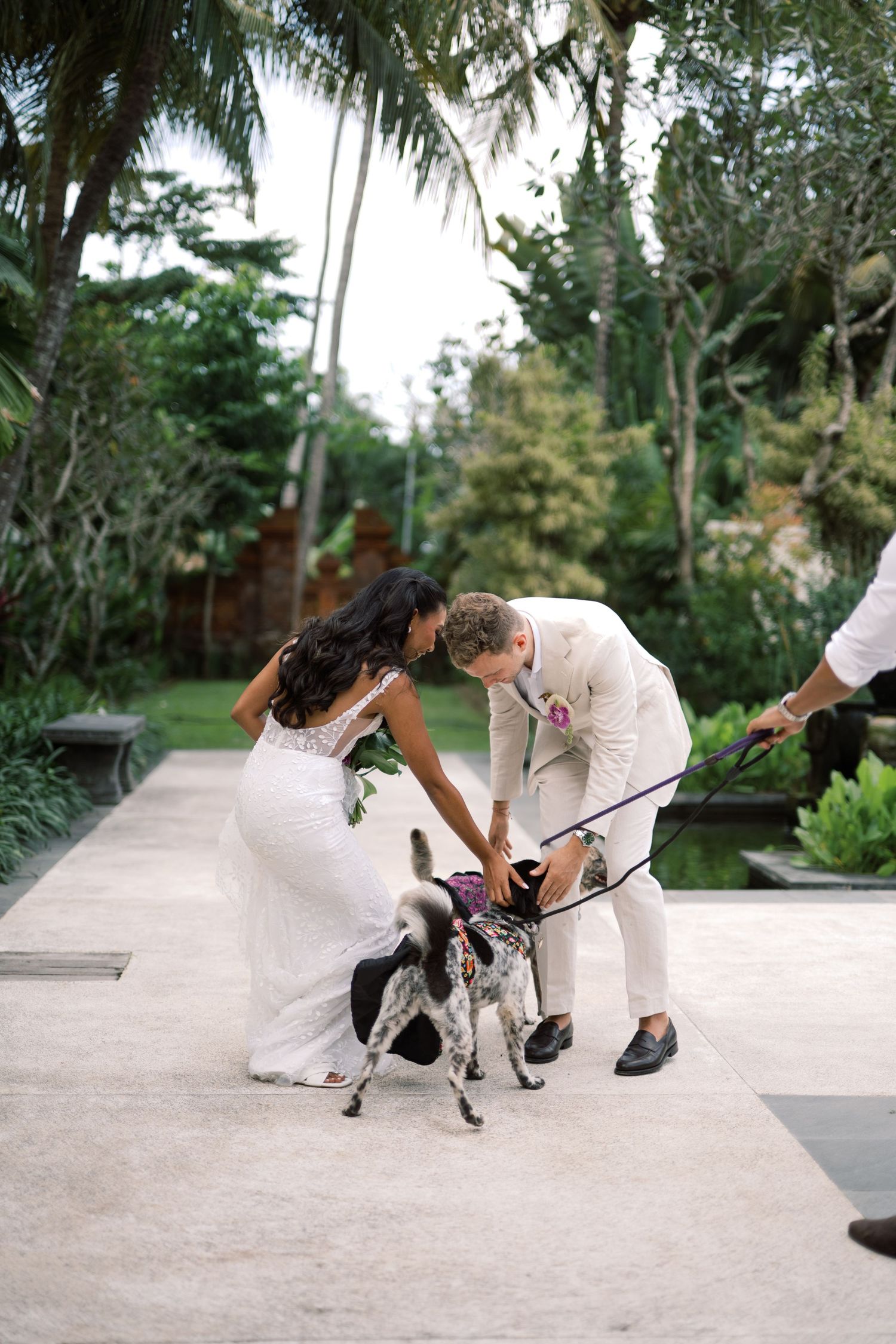 Bride and groom in white attire pet a dog together in a lush tropical garden setting.
