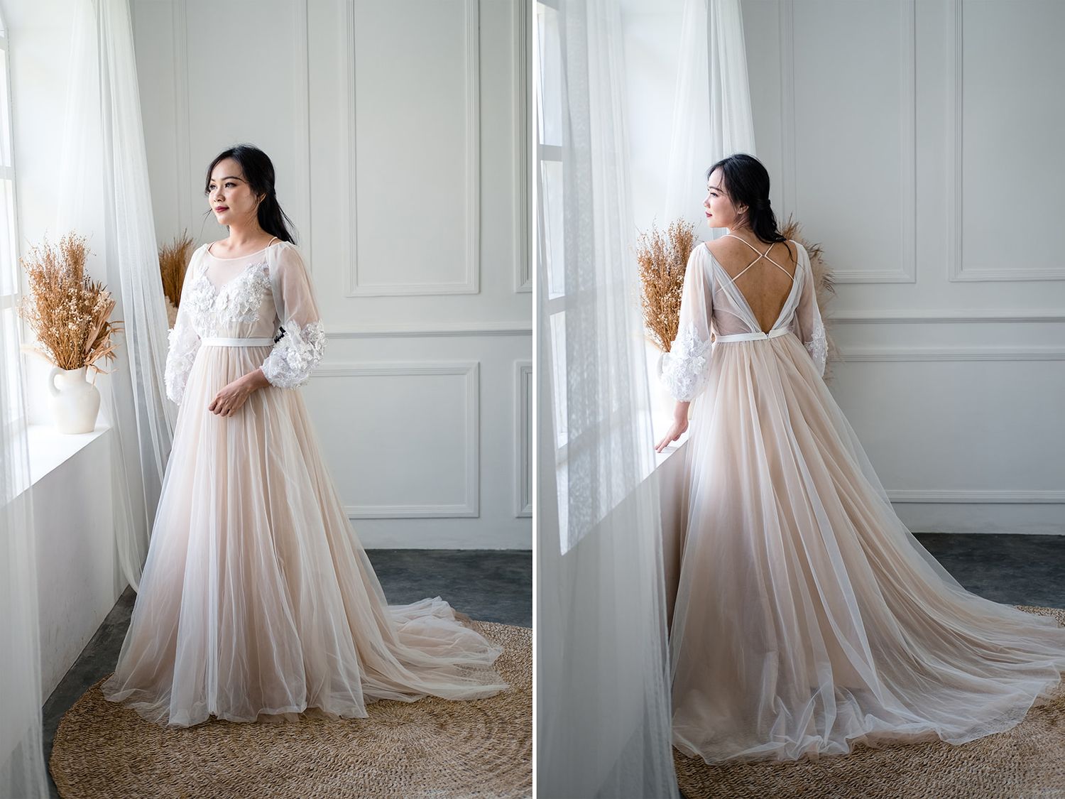 Bride in flowy A-line wedding gown with long sleeves and V-back, front and back view in studio.