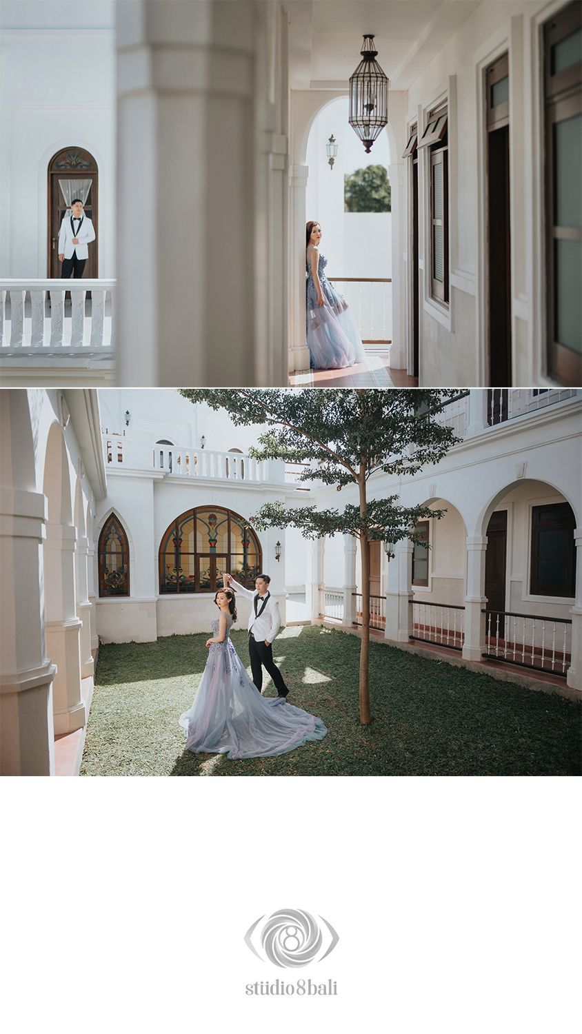 Bride in lavender gown and groom in tuxedo pose at elegant white colonial courtyard for wedding photos.