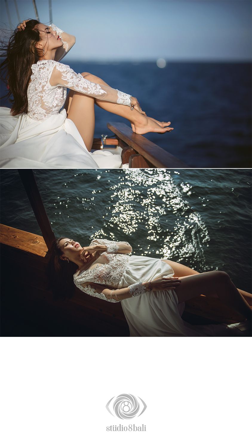 A woman in a white lace dress poses gracefully on a sailboat deck with the ocean in the background.
