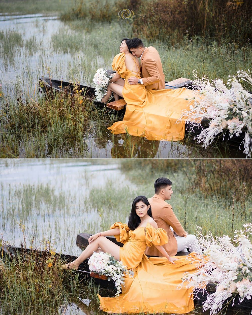 Couple in a flower-adorned boat on a serene lake, woman in golden yellow gown, romantic outdoor photoshoot.