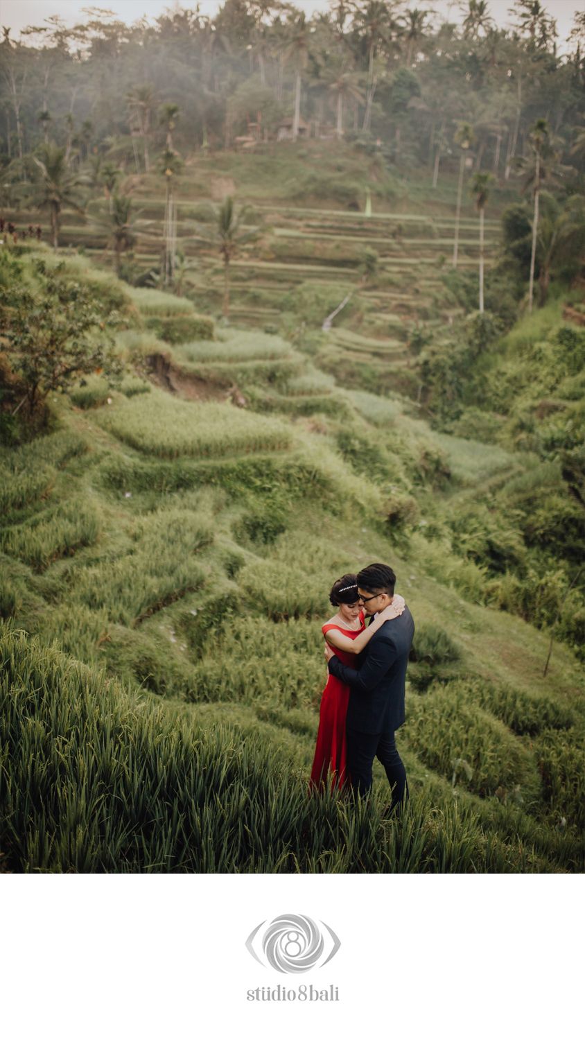 Couple embracing romantically on Bali's lush Tegalalang rice terraces, woman in red dress, man in navy suit.
