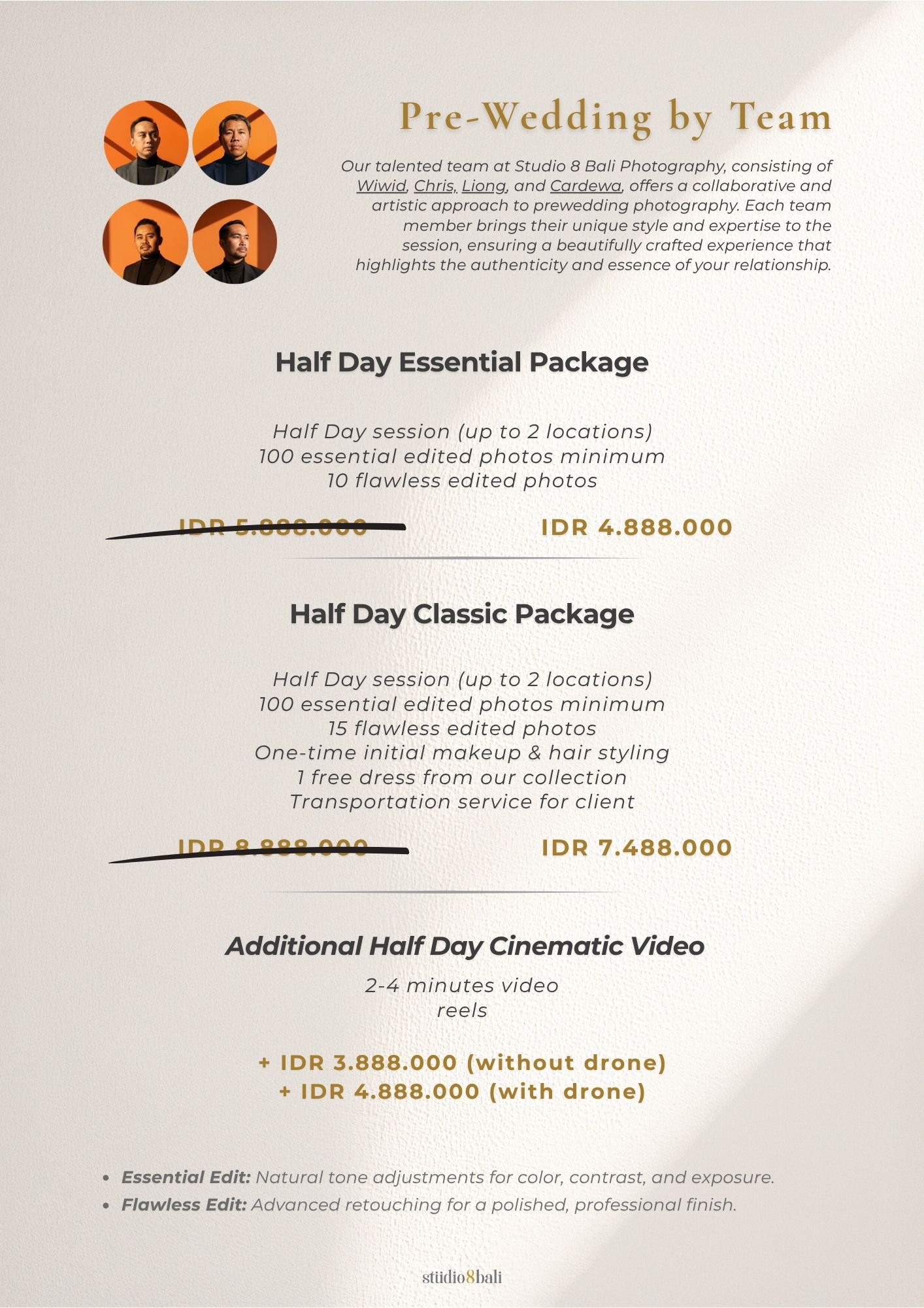 Studio B Bali pre-wedding photography packages pricing menu showing Half Day Essential, Classic, and Cinematic Video add-on options.
