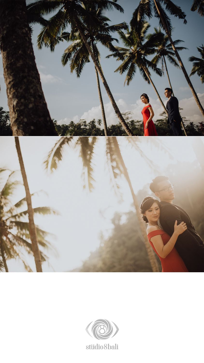 Couple in red dress and suit posing among tall palm trees at golden hour in Bali, pre-wedding photography.