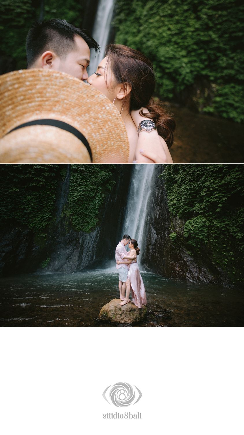 Couple sharing a tender kiss on a rock before a misty Bali waterfall, shot by Studio 8 Bali.