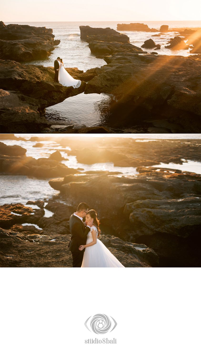 Wedding couple posing on dramatic rocky ocean cliffs during golden hour sunset in Bali, bridal veil flowing in the breeze.