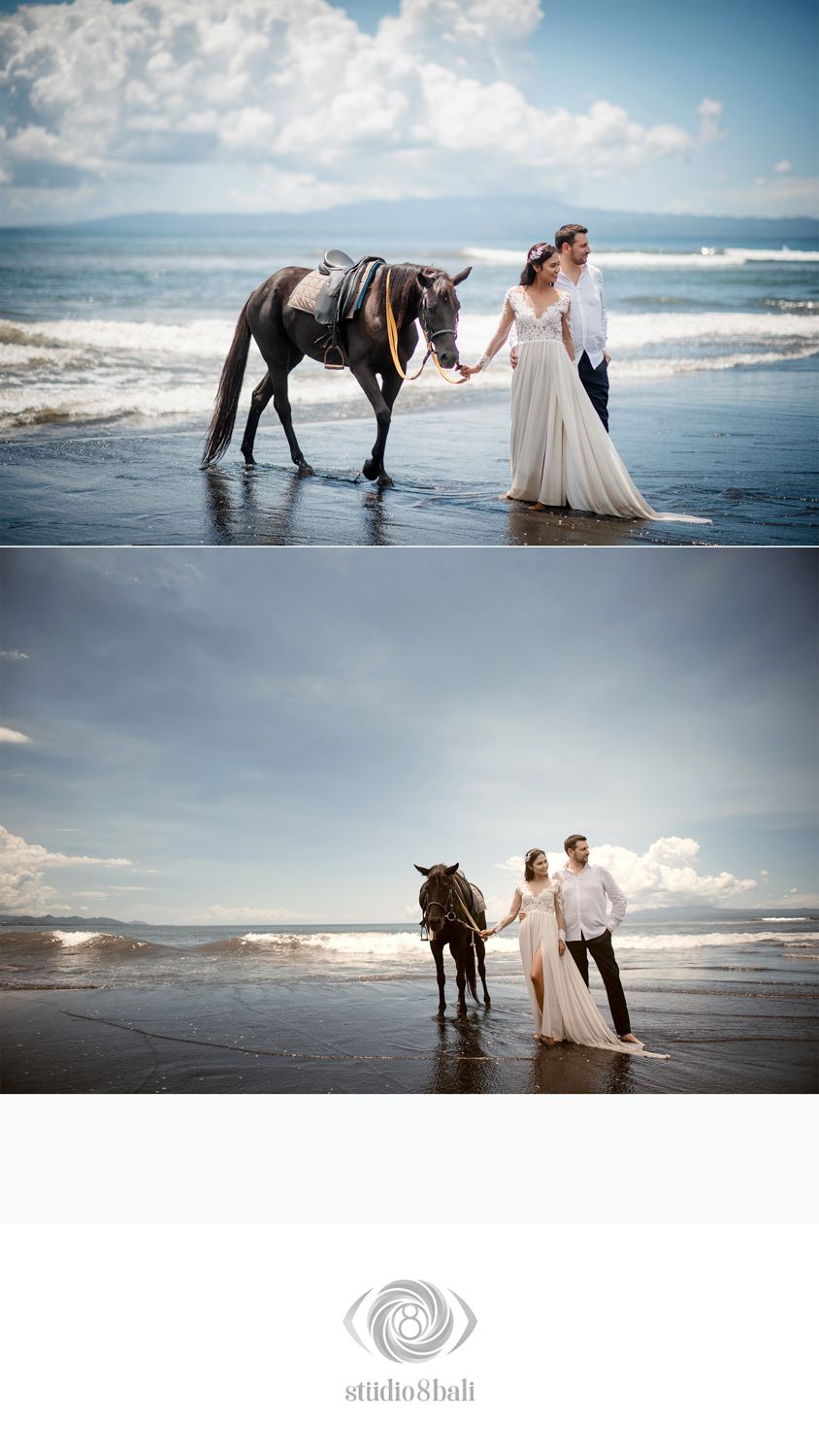 Bride and groom walking with a dark horse on a Bali beach, waves and cloudy sky in the background.