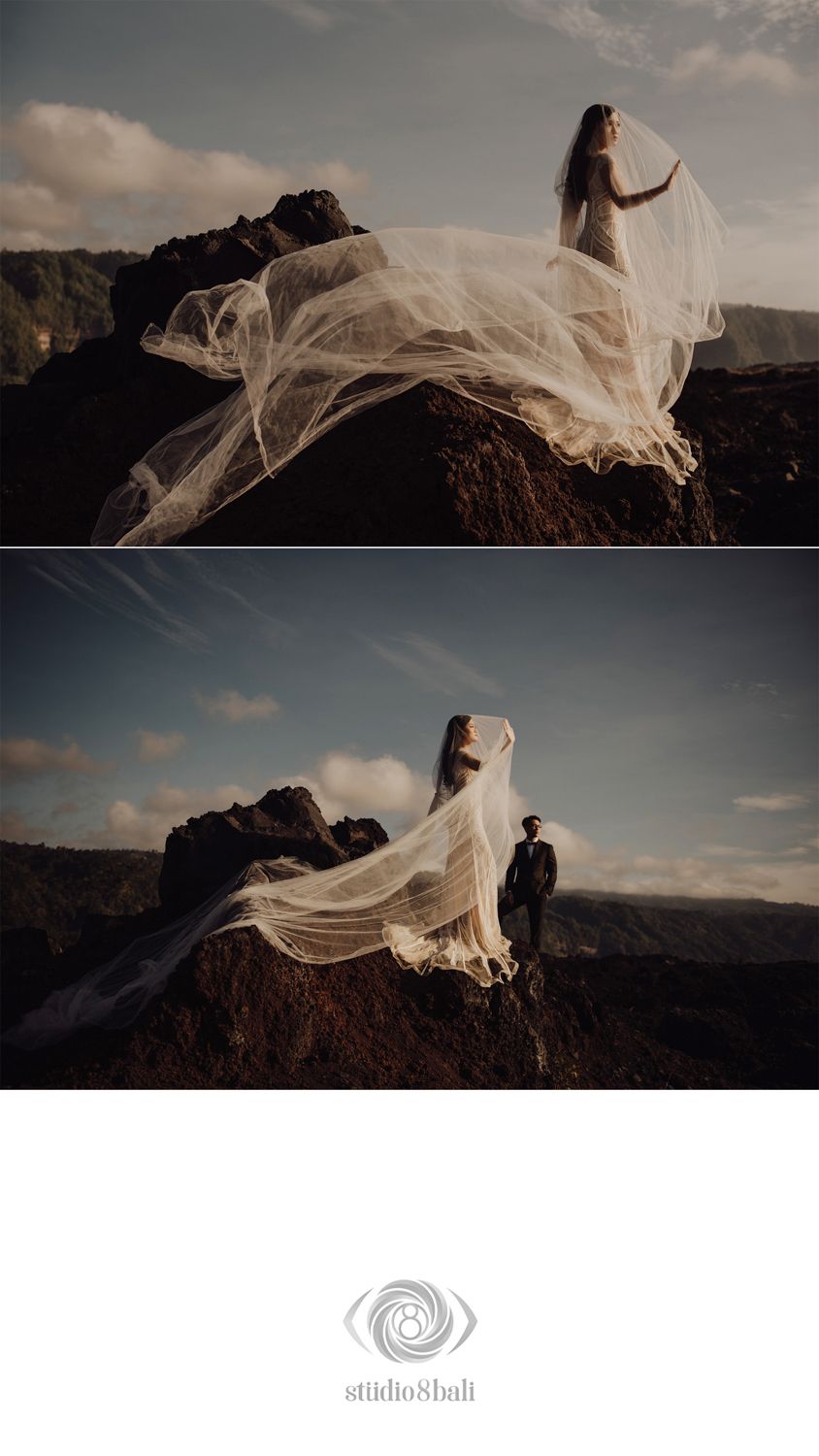 Bride in flowing white wedding dress and veil billowing in wind on rocky cliff, dramatic sky, Bali wedding photography.