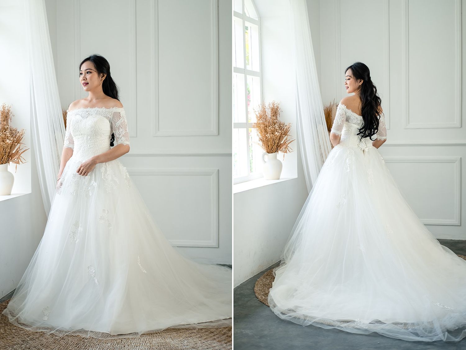 Off-shoulder lace wedding gown with sheer sleeves and cathedral train, displayed front and back on Asian bride.