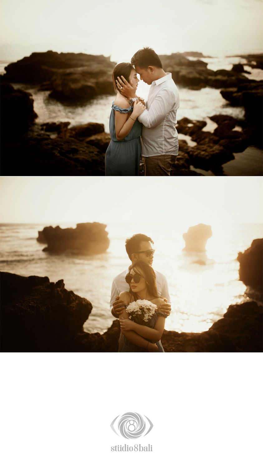 Romantic couple embracing at sunset on rocky Bali coastline, captured by Studio 8 Bali photography.
