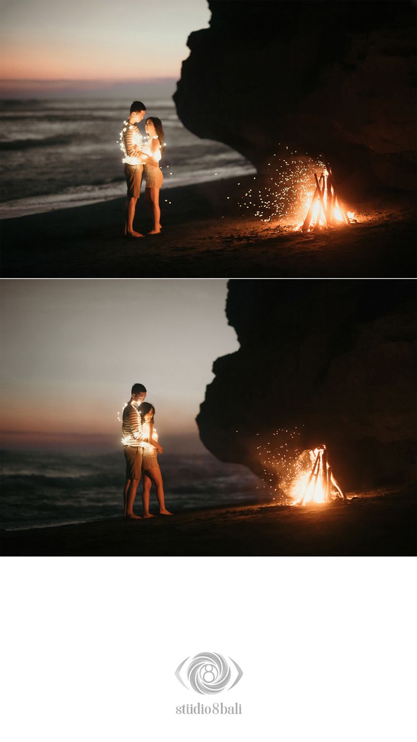 Couple embracing on a dark beach at sunset beside a glowing bonfire with sparks flying, romantic evening scene.